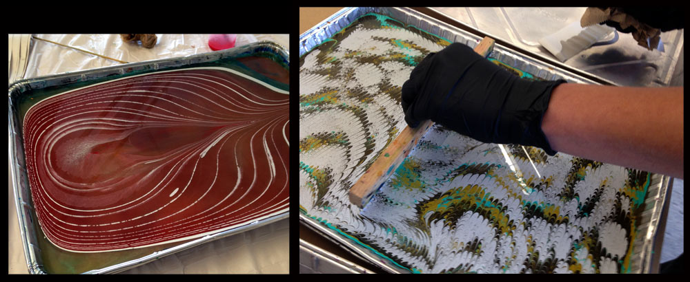 Paper marbling set-up and combing the design