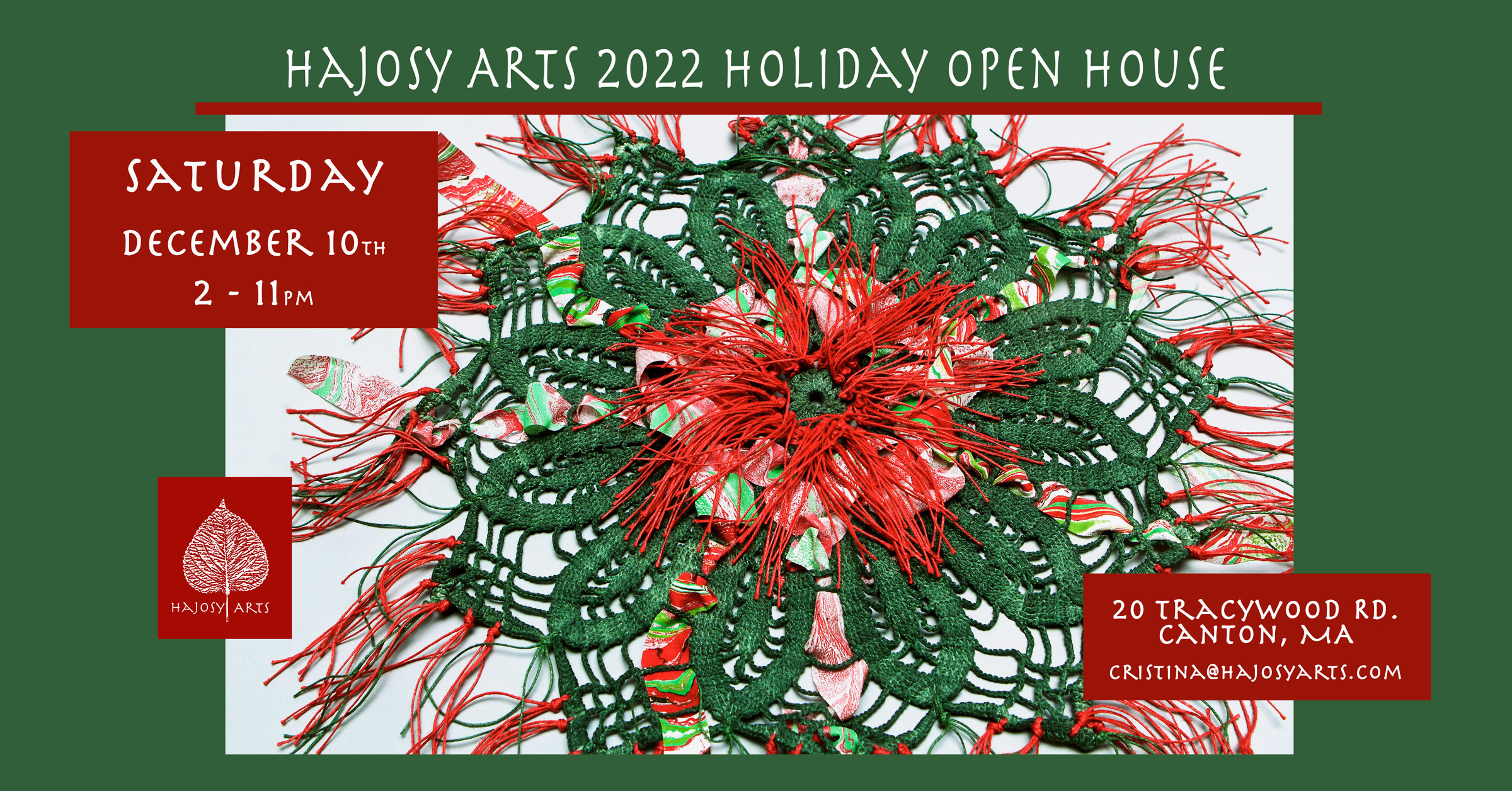 The invitation for Cristina Hajosy's 2022 Hajosy Arts Holiday Open House on December 10, 2022